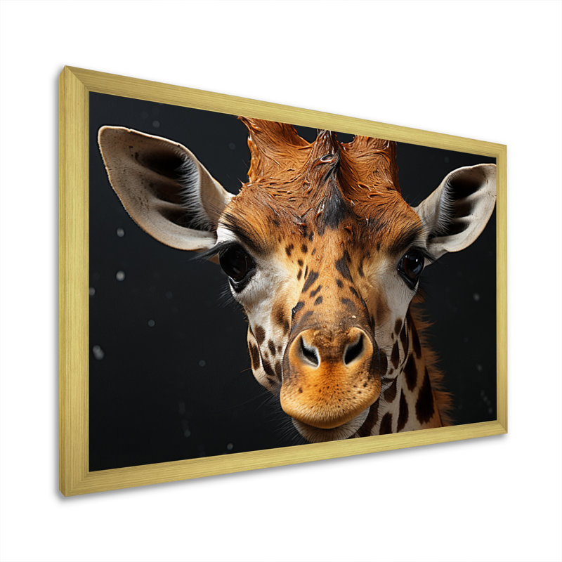 Portrait de girafe noir et blanc II - impression, Cadre doré simple, H 30 po x l 40 po x P 1,5 po