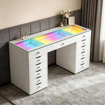 Makeup Vanity Desk HD Glass Top Built-in RGB Light Strips Large 13 Drawers Diamond Handles USB and Type-C