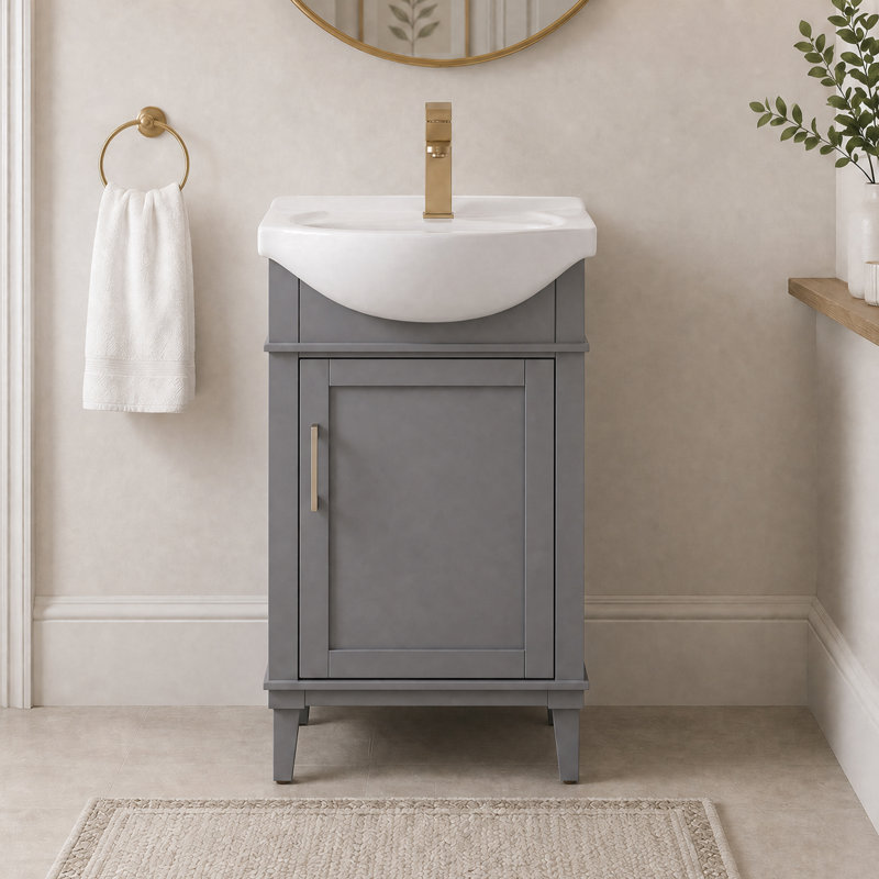 Meuble-lavabo simple autoportant de 20 po avec plateau en céramique Arlowene, gris, 20"