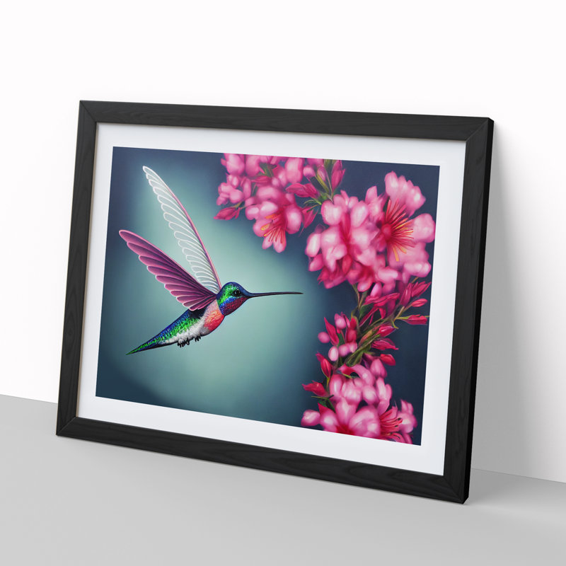 Floral Hummingbird - Single Picture Frame Print, Black Framed, 46cm H x 64cm W x 2cm D