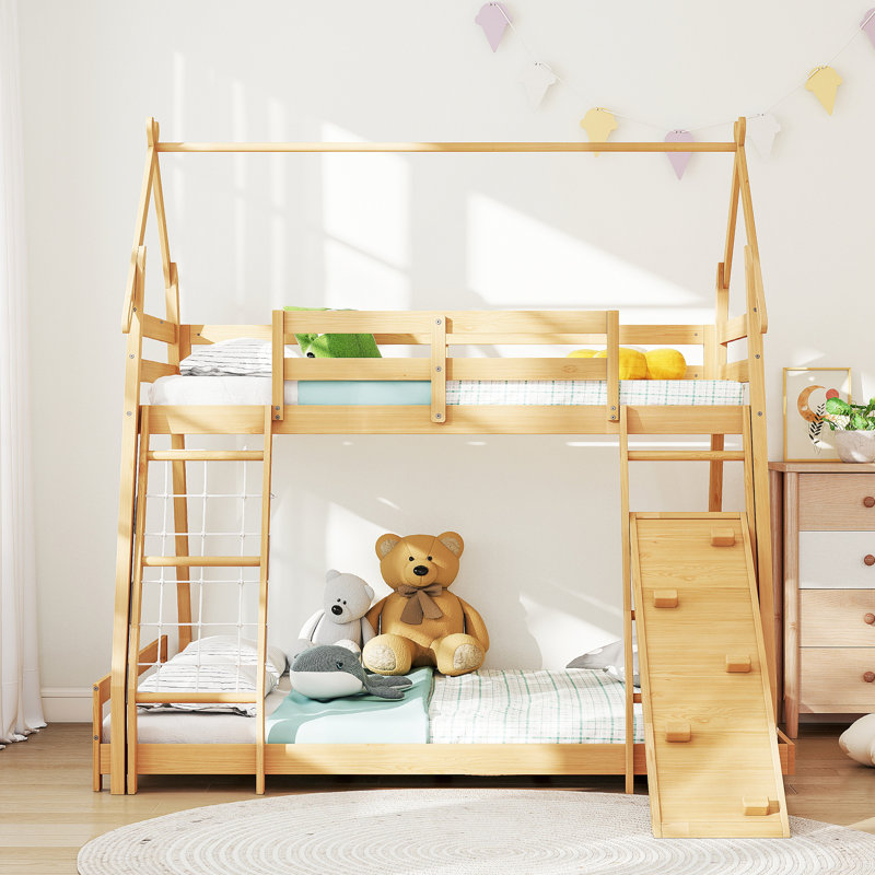 Lit superposé simple au-dessus de grand lit en bois avec filets d'escalade et rampe d'escalade, lit superposé bas pour enfants, aucun sommier nécessaire