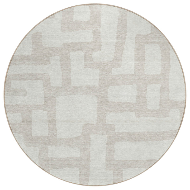 Tapis extérieur rond lavable abstrait ivoire et beige 8 pi