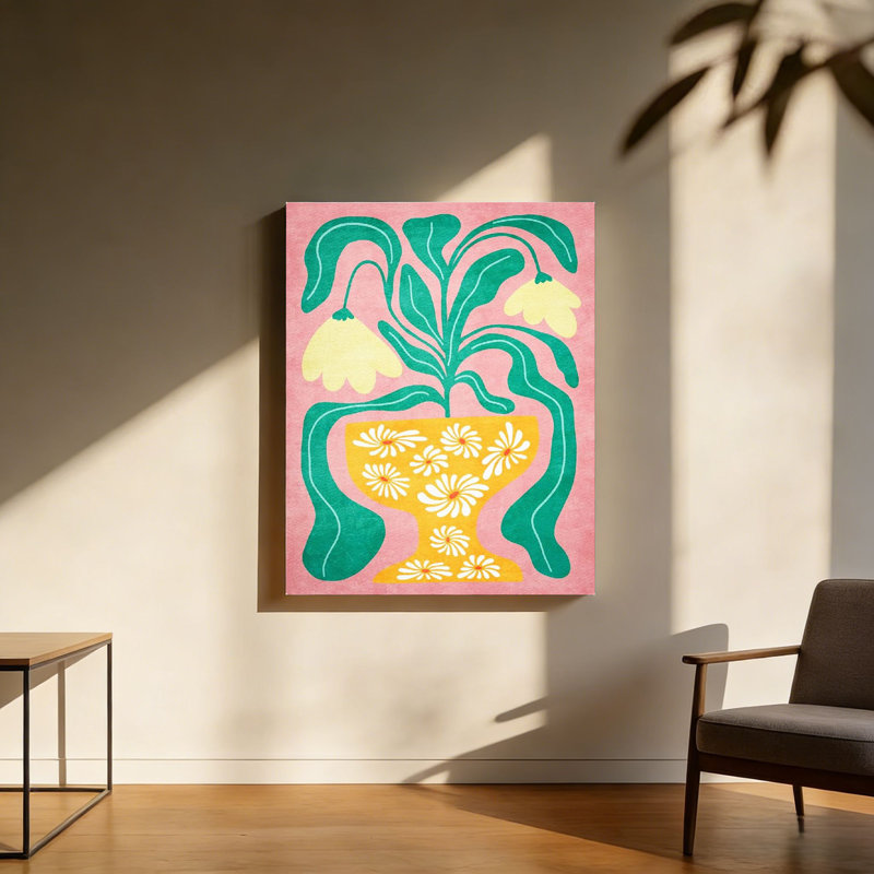 Fleurs rétro en pot, art mural en bois à l'arrière 30 x 20