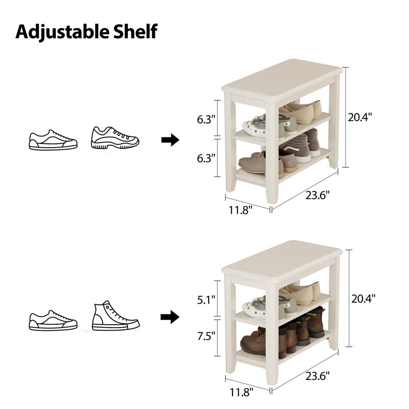  Solid Wood Shoe Bench with 2-Tier Open Shelving – Entryway Furniture, 23.62″ W, White
