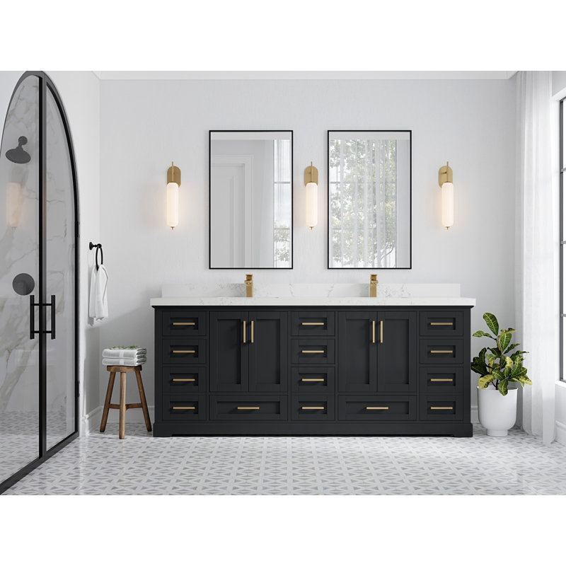 84 po Boston X P 22 po De meuble-lavabo double en fer forgé Quartz doré Calacatta, Empira blanc