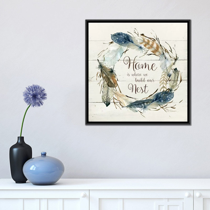 «Feather Home Nest», impression sur toile tendue, H 37 po x l 37 po x p 1,5 po, Toile avec cadre noir, Pas de tapis