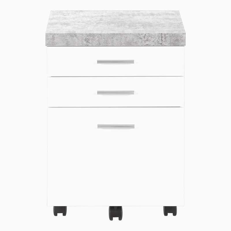 Classeur, mobile à roulettes, tiroirs de rangement, support pour imprimante, bureau, stratifié de travail et de ciment gris, contemporain, moderne