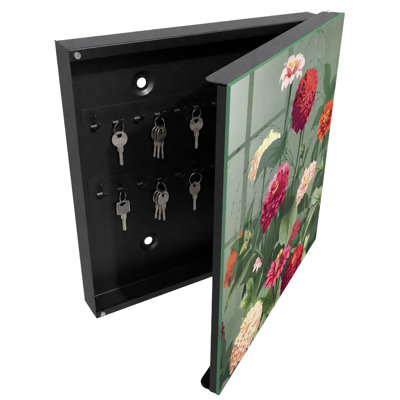Key cabinet for home, Opens to the right, 30x30x5, White, Flowers in full bloom surrounded by greenery, 