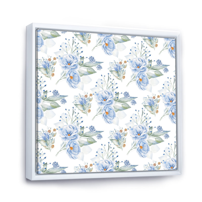 Fleurs de lin bleues - reproduction d'art sur toile à motifs, H 16 po x l 16 po, Cadre flottant blanc