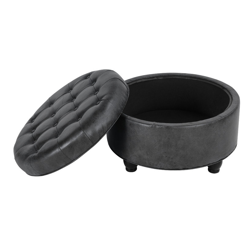 Gery Storage Ottoman, 25 Inch Round Tray Top, Dark Gray Faux Leather