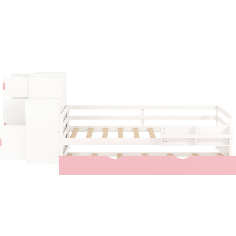 Lit simple multifonctionnel avec bibliothèque intégrée et lit gigogne, garde-robe rose blanc mobile pour les espaces de travail pratiques