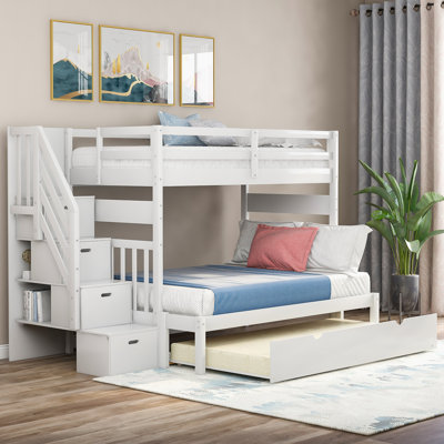 Twin over Twin/Full Bunk Bed with Twin Size Trundle, Staircase, and Storage, Ideal for Extra Sleeping Space and Family Sleepovers.