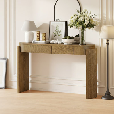 Console en grain de bois naturel - Table d'entrée avec plateau ovale et 2 tiroirs pour le salon ou le couloir