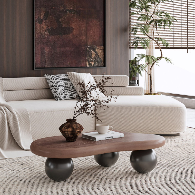 Cloud Shaped Coffee Table With 3 Ball Legs For Living Room, Noir, 11.7" H x 40" L x 26.8" W, Dark Walnut