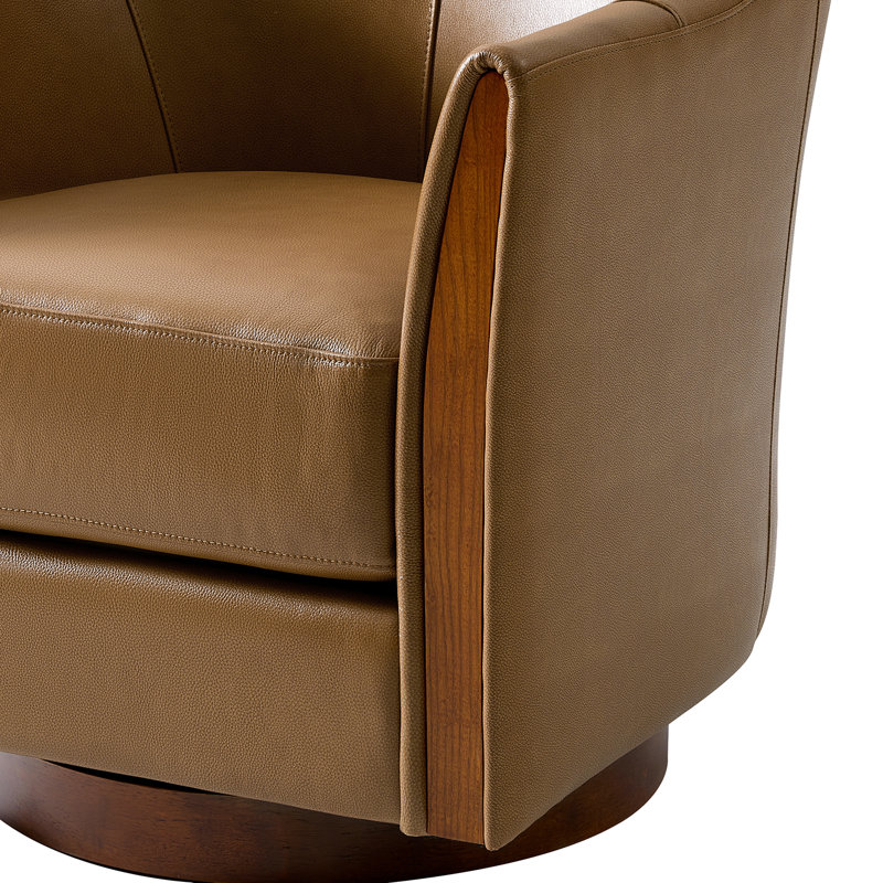 Fauteuil demi-tonneau pivotant en cuir véritable de P 29 po Pocono avec base en bois massif (ensemble de 2), Chameau