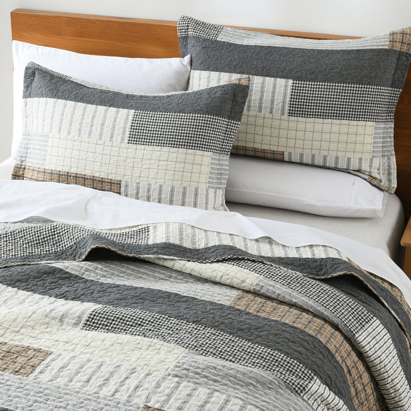 King Size Grey Tan Black Cotton Patchwork Quilt Set