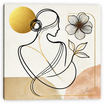 «Golden Gaze», art mural sur toile tendue - Visage de femme avec froncement audacieux et lignes minimalistes