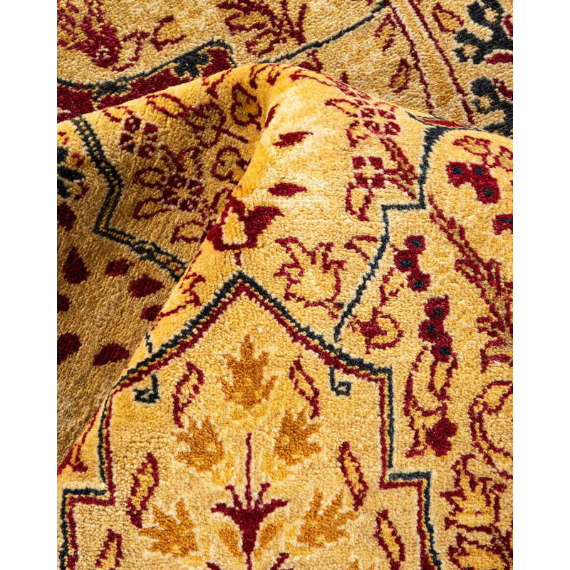 Tapis unique en laine noué à la main 9 pi 1 po x 12 pi 10 po nouvel âge Rorex - jaune / rouge / noir