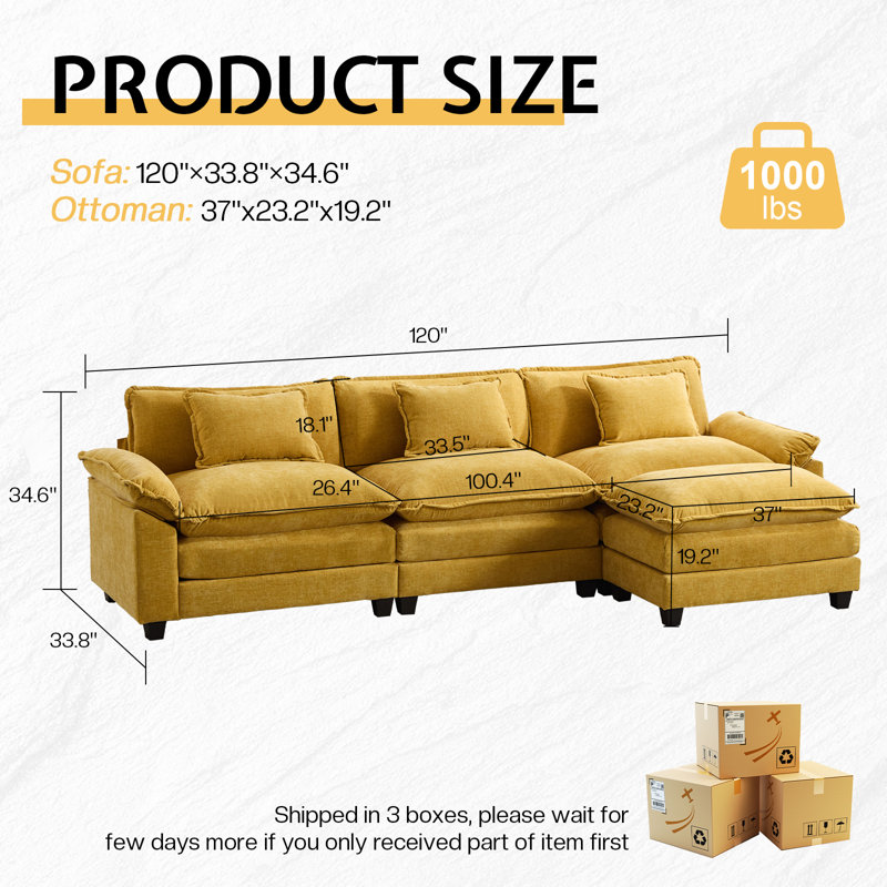 120'' Modular Chenille Sectional Sofa With Ottoman, L Shaped Deep Seat Cloud Couch, 3-Seater Oversized Upholstered Sofa For Living Room, Modern Comfy Furniture