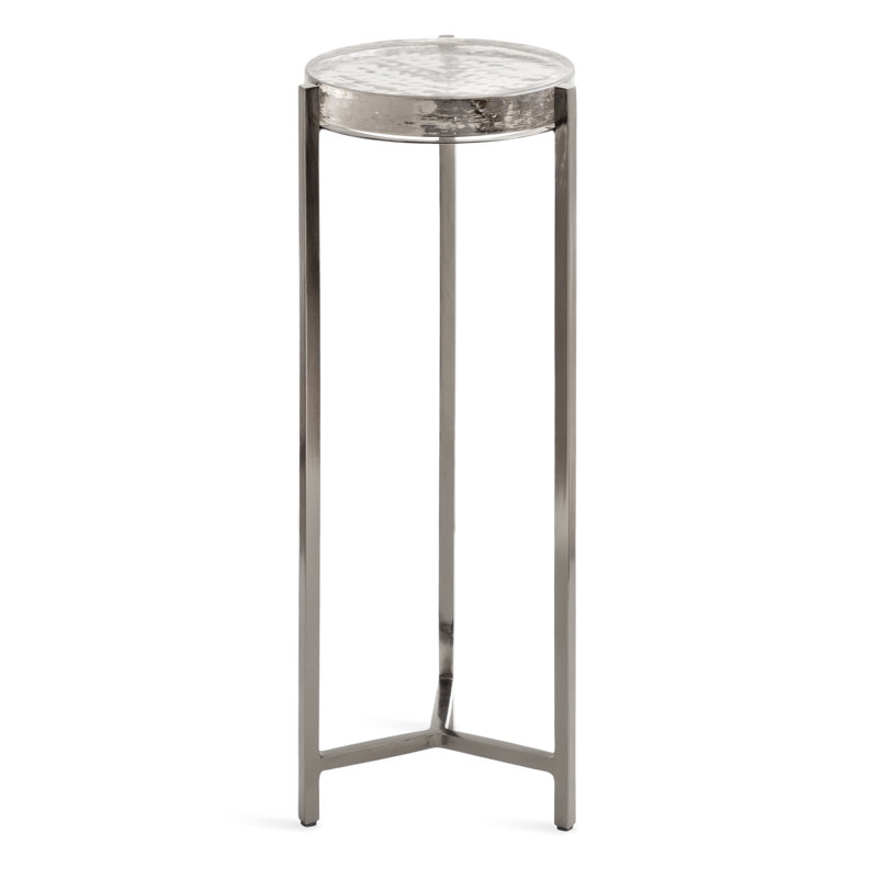 Eveland Round Metal Drink Table, Silver, Clear Glass