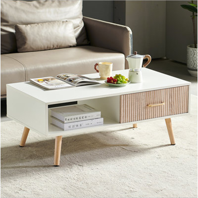 Rectangle Coffee Table With Solid Wood Legs, Sliding Drawer For Storage, Modern Table For Living Room