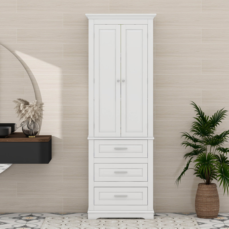 Tall Storage Cabinet With Three Drawers, Adjustable Shelves, Blanc