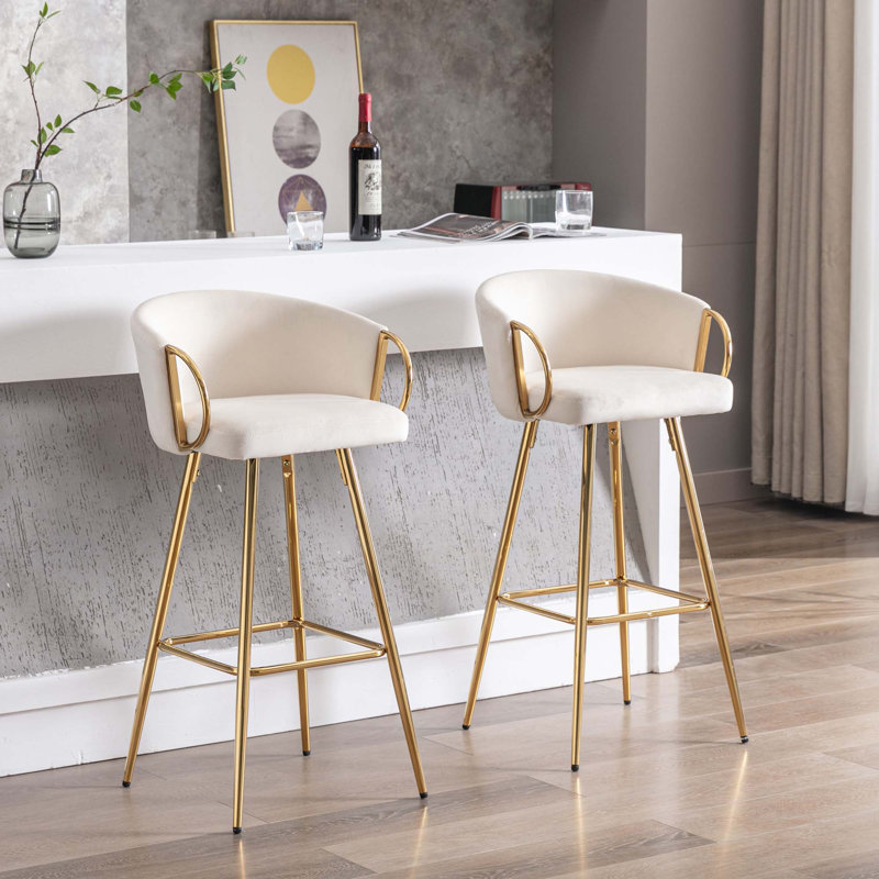 Tabourets Dardar, avec repose-pieds chromé et base / tabouret simple à pieds dorés, Crème, crème