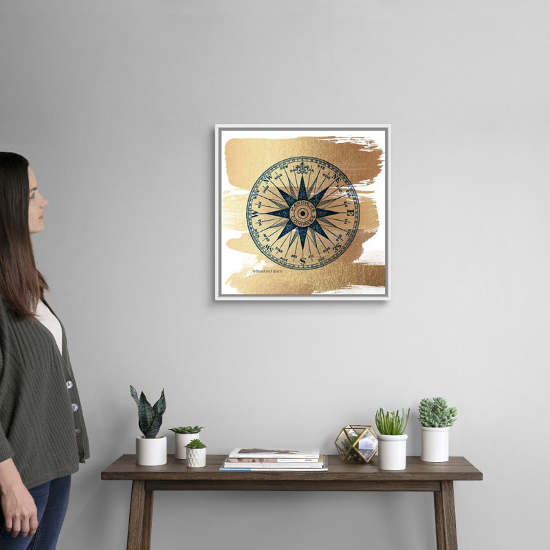 Or brossé rose Compass-impression sur toile, Cadre blanc, H 22 po x l 22 po x P 1,75 po