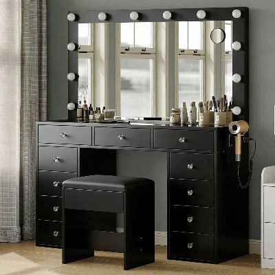 Vanity Desk with Illuminated Mirror & Power Outlet,Makeup Vanity with LED Lights (Black, 11 Drawers)