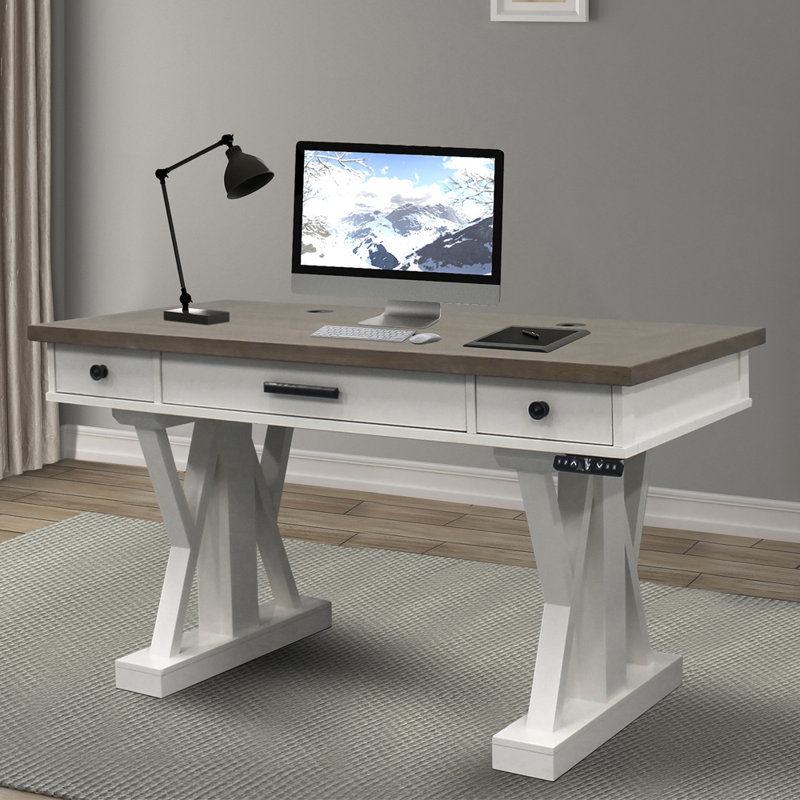 Kelsie-Mae Adjustable Solid Wood Top Writing Desk with Power Outlet, Beige