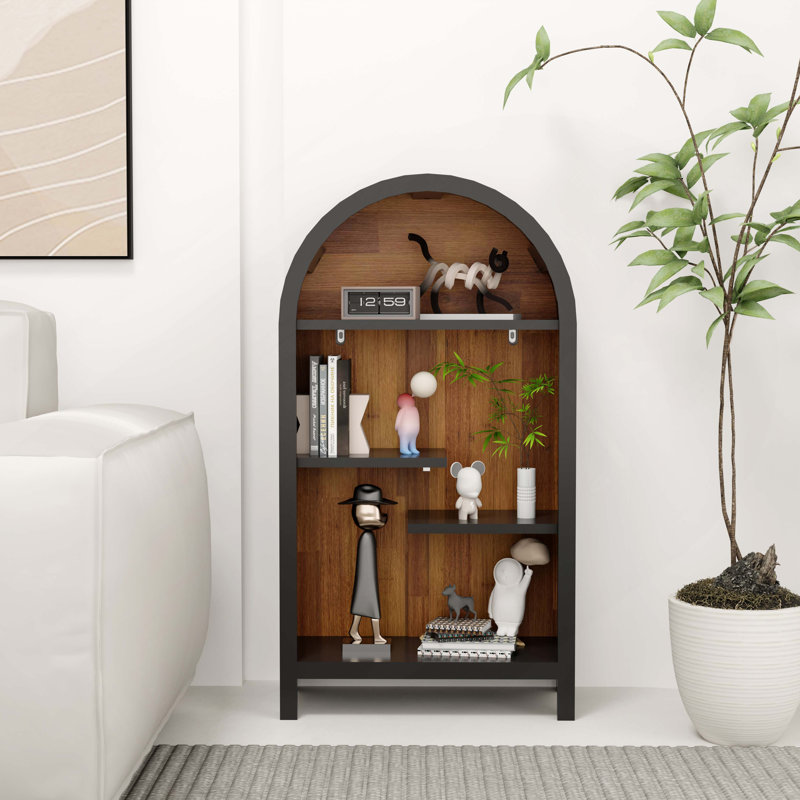 Étagère arquée autoportante à 4 niveaux à 4 niveaux, armoire de rangement asymétrique ouverte, étagère en bois pour hall d'entrée, salon, chambre à coucher, couloir