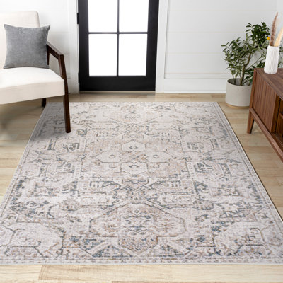 Edith Distressed Medallion Low-Pile Machine-Washable Cream/Light Grey Rug
