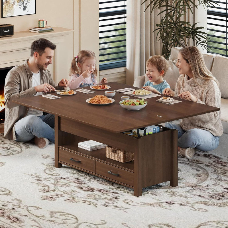 40" Lift Top Coffee Table, Multi-Function Convertible to Dining Table with Drawers & Storage, Brown