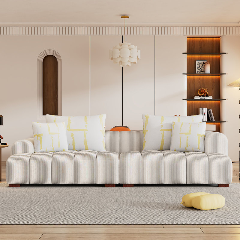 Latitude 103.9" Modern Sofa couch with Rubber Wood Legs, 4 Pillows, Upholstered Sofa,sofa,couch, Corduroy Beige