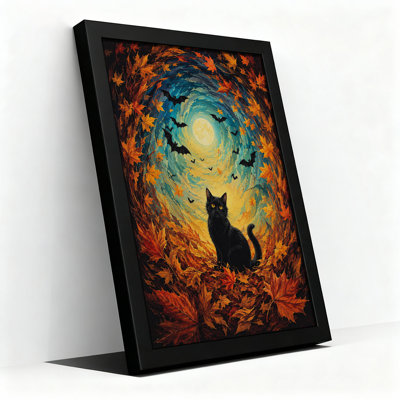 Art sur toile, "Chat noir" au milieu de feuilles orange tourbillonnantes et d'Halloween