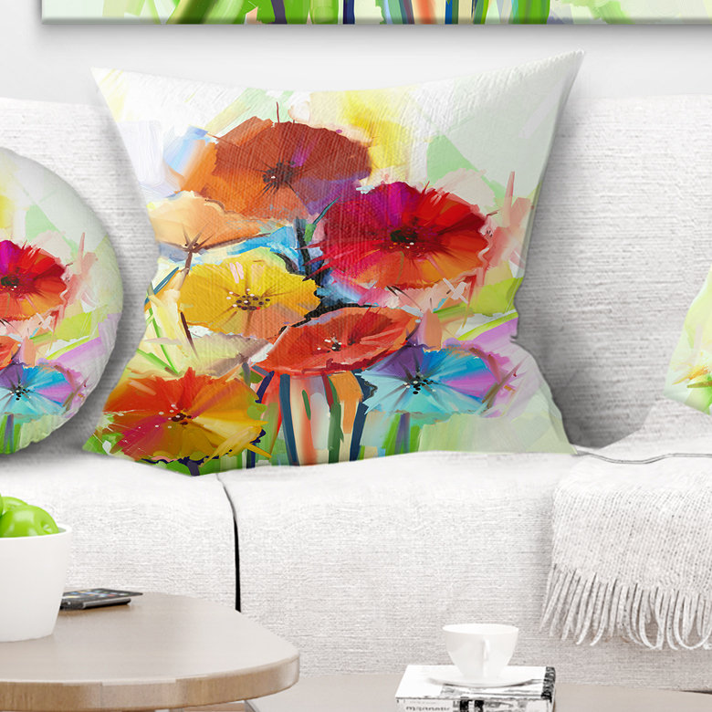 Fleurs de gerbera jaunes et rouges - coussin à imprimé floral, 18 po x 18 po, Coussin décoratif