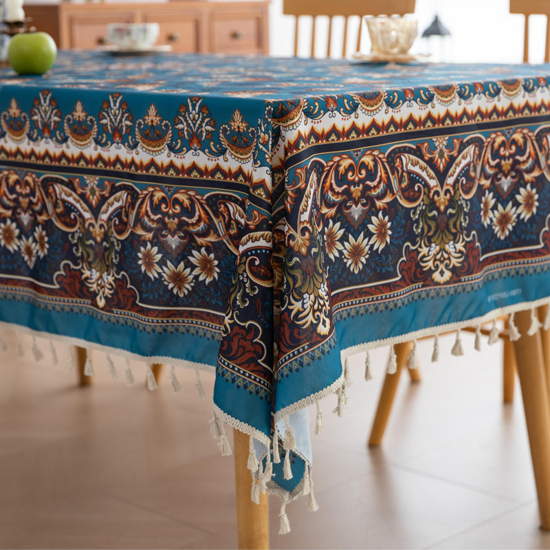  Nappe imprimée à la main pour tables carrées, housse de table rétro avec bords frangés, nappe décorative pour la cuisine et la salle à manger, 59 po x 86 po