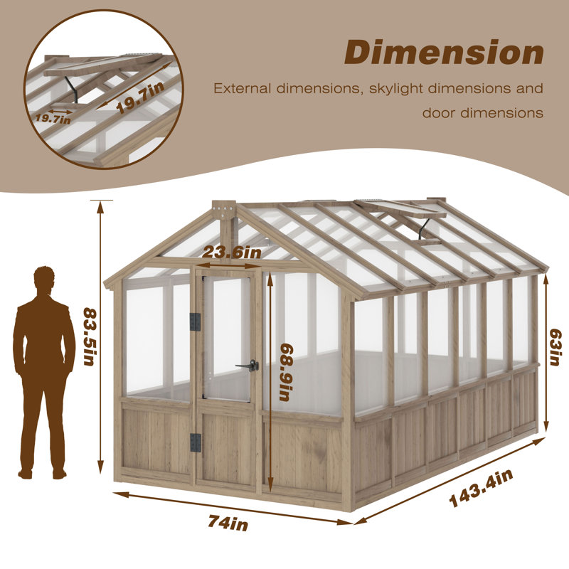 Outdoor Wooden Polycarbonate Greenhouse 6x12Ft, 83.5" H x 74" W x 144" D