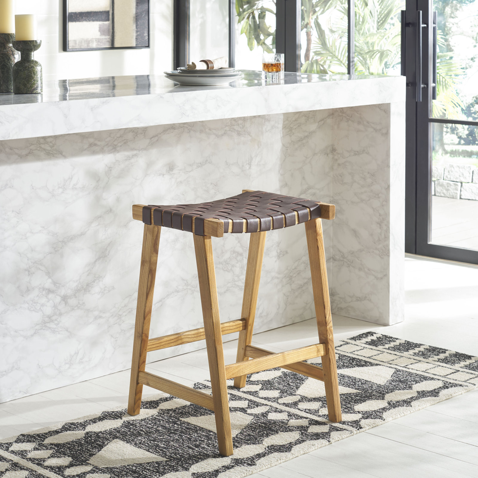 Alston Backless Leather Bar & Counter Stool, Natural, Counter Stool (26.77” Seat Height), Cognac