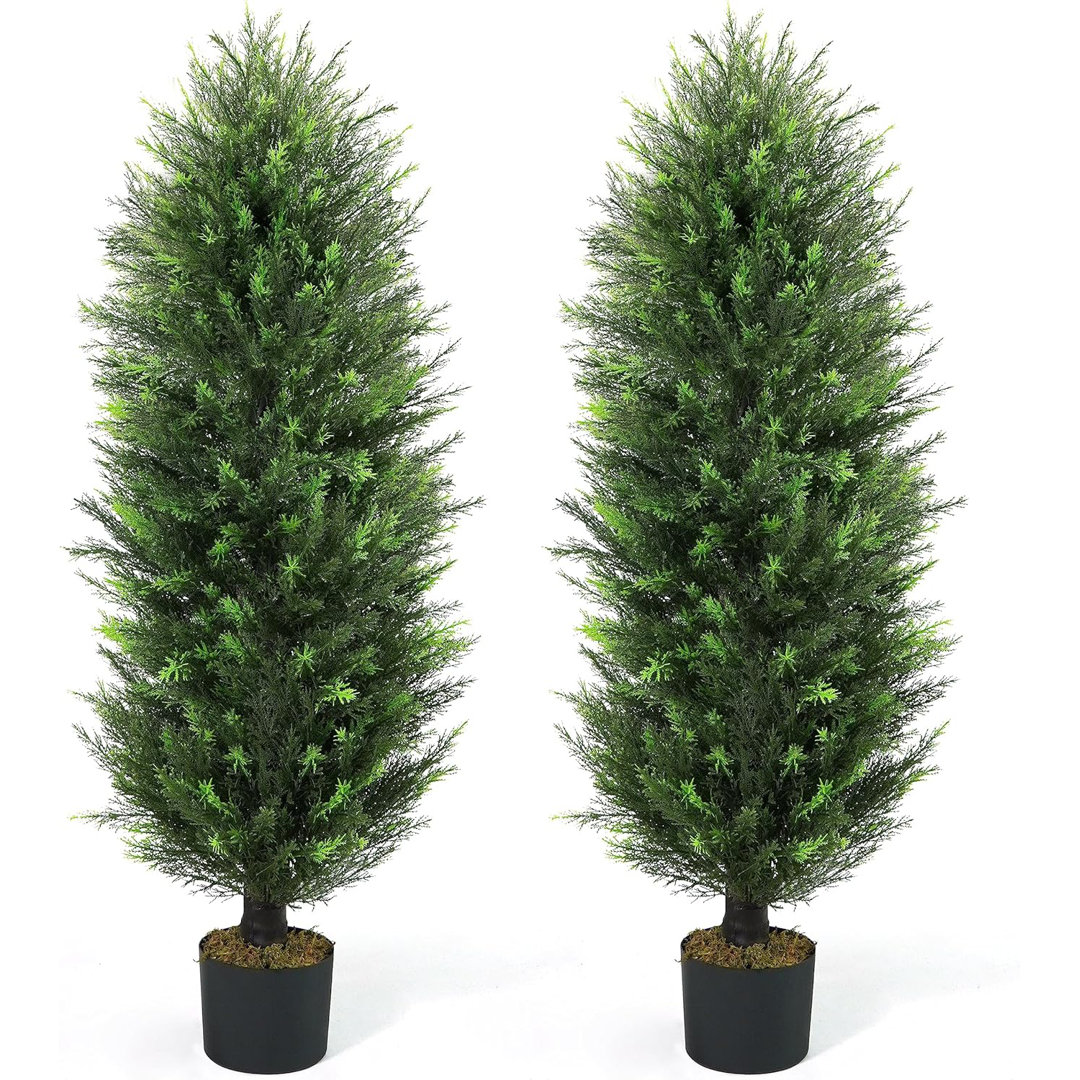 CAPHAUS Artificial Cedar Tree Pair, UV Resistant Boxwood Topiary w/ Dried Moss, 3 / 4 / 5 Feet CAPHAUS 