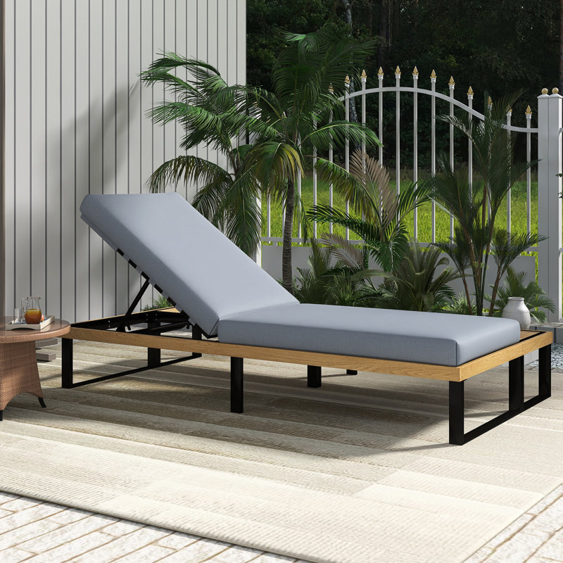 Outdoor Chaise Lounge Chair | 5-Position Adjustable Backrest | Reclining With Cushion In Gary | Patio Lounger With Wood Side Table | Sturdy Frame For Poolside  Garden, And Backyard