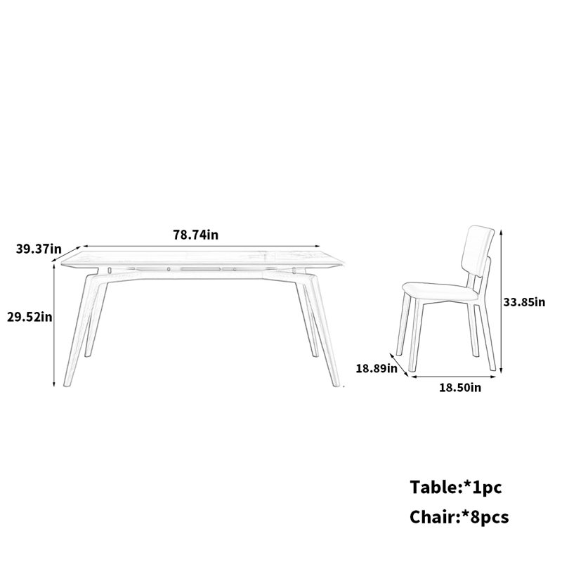 Ensemble de salle à manger en frêne blanc, H 29,52 po x L 78,74 po x l 39,37 po