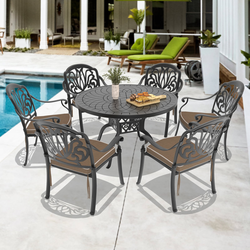 47.24 -inch Round Table Cast Aluminum Outdoor Dining Set with Brown Cushions, 6