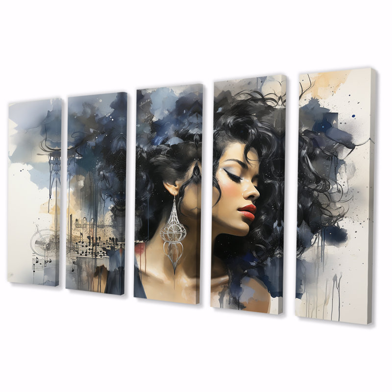 Harlem Renaissance, portrait de femme bleue et noire I - Harlem Renaissance, art mural sur toile 5 pièces, H 28 po x l 60 po