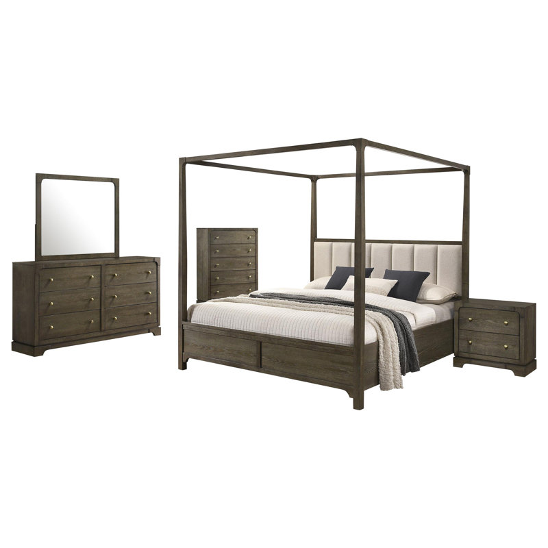 Ensemble de chambre à coucher grand lit 5 pièces Finnlo, 5 Pcs: Bed, Nightstand, 2 Dressers, Mirror, Grand