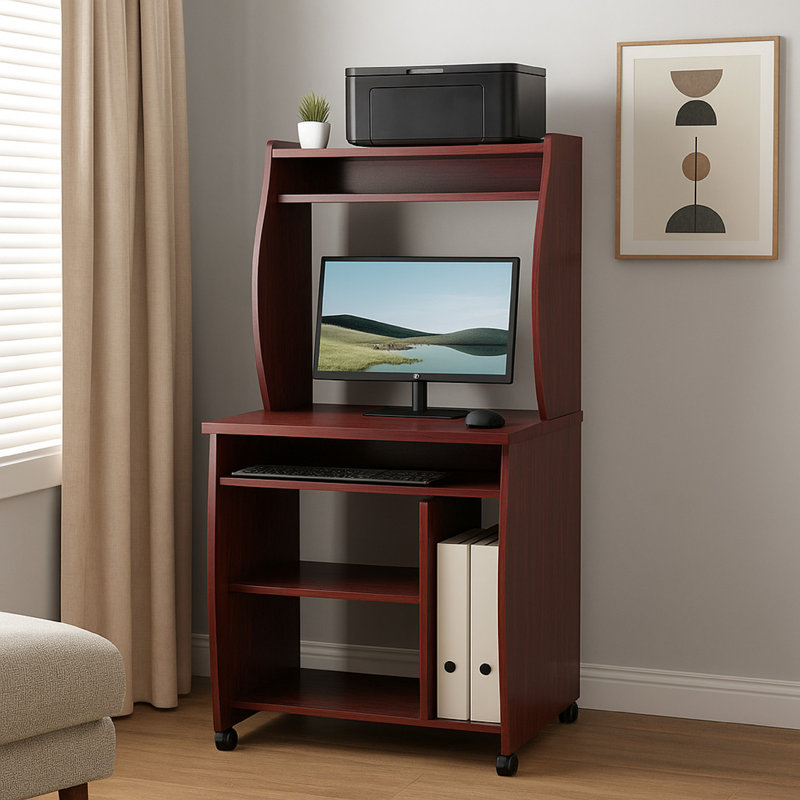 Niro Utility Desk Cart With Hutch, 7 Shelves, 53 Inch , Mahogany Brown