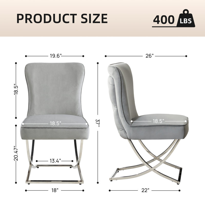 Chaise de salle à manger capitonnée en velours avec pieds en X argentés, Gris clair