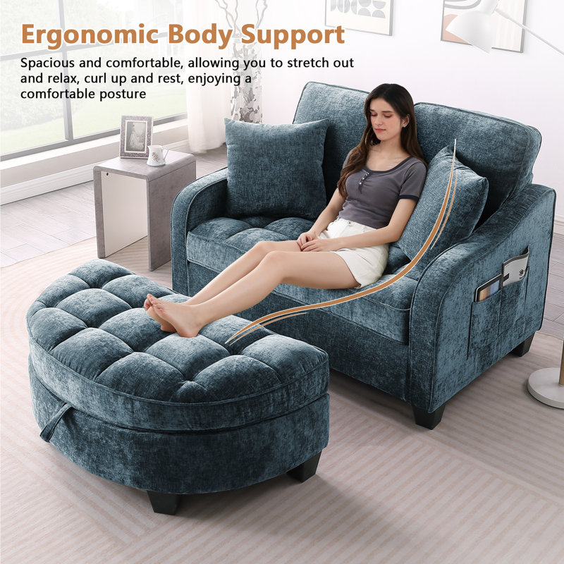 42-Inch Two-Seater Sofa With Recliner And Storage Otto, Suitable For Living Rooms And Bedrooms, Blue