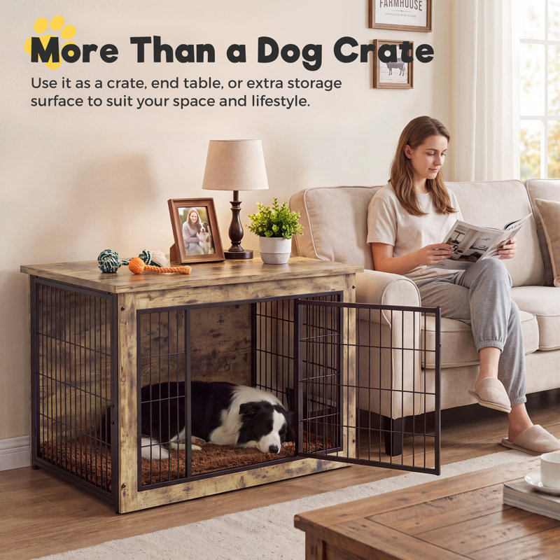 Table de bout avec cage amovible pour chien Gunji Furniture, L (38.7"L x 25.7"W x 26.9"H), Ton de bois beige clair