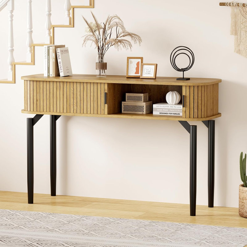 Fluted Console Table with Storage,Wood Sofa Table with Sliding Door,Entryway Table with Storage Space for Living Room